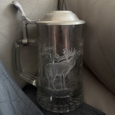 Vintage Etched Glass Tankard Stein Beer Pewter Lid Stag deer