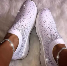 Women's Sparkly Glitter Slip On Trainers Ladies Sneakers Running Sock Shoes Size