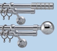 Metal Double Curtain Pole Rod Set Silver Brushed Chrome Diameter 19mm / 19mm