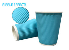 PAPER CUPS, DISPOSABLE COFFEE CUPS WITH LIDS, HOT DRINK RIPPLE CUPS - SKY BLUE