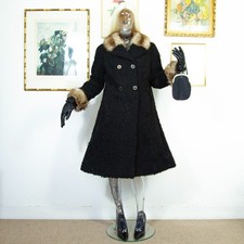 Vintage 1960s Black Astrakhan-Style Coat with Real Fur Collar & Cuffs  Size M