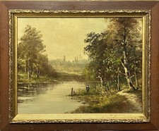 Beautiful Antique Original Landscape Oil Painting, Lake View, Signed, Framed