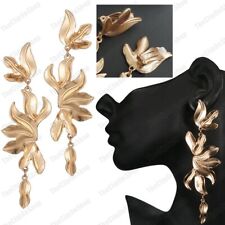 CLIP ON huge 4.75"long LARGE FLORAL EARRINGS fairy leaves chandelier MATT GOLD