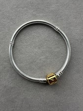 Pandora S925 Classic Square Bead Gold Buckle Snake Chain Charm Bracelet 17cm