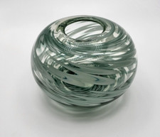 Art Glass - Fish Bowl Vase - Clear with Green & White Swirls - 9.5cm Tall