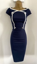 NEW Karen Millen Size 10 WHITE TRIM CAP SLEEVE FITTED PENCIL DRESS IN NAVY