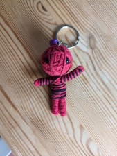 Voodoo String Doll Keyring Red And Black With Purple Bell