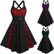 Womens Gothic Swing Dress Ladies Skull Steampunk Halloween Party Fancy Dresses