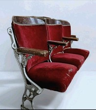 3 Antique Cinema Theatre Seat Vevet Wrought Iron Wood Vintage Folding Circa 1900
