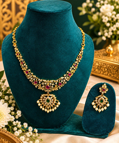 Gold tone green teardrop stone - gold,