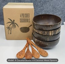 4pcs Coconut Shell Bowl with 4 Wooden Spoons for Salad / Fruit / Dessert : Vegan