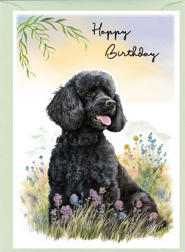 Poodle black dog birthday card - black,