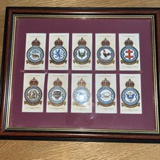 FRAMED SET OF 10 RAF SQUADRON BADGES + MOTTO'S - PLAYER'S CIGARETTE CARDS c1937