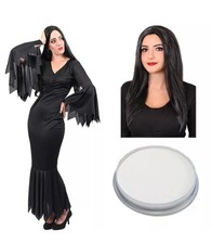 Gothic Black Vampiress Dress & Wig Adult Fancy Dress New Missing Face Paint