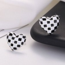Fashion Checkerboard Heart Stud Earrings 925 Sterling Silver Women Jewellery UK