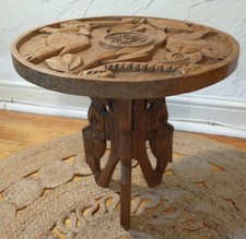 RARE VINTAGE FOLDING CARVED WOOD ELEPHANT SIDE TABLE - PLANT STAND