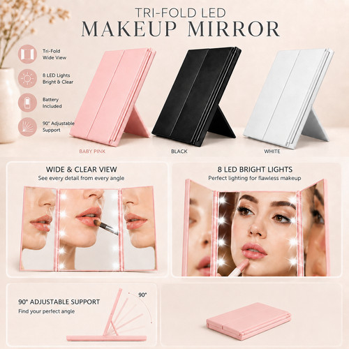 Tri fold led travel mirror - travel,