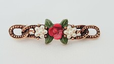 Brooch ~ Flower Garland ~ Seed Pearls ~ Red & Green Enamel ~ Antique Gold Tone