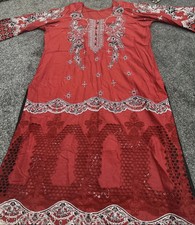 Kameez Trouser 3pc Suit Pakistani Cotton Large Red White 