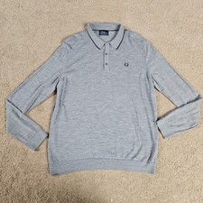 Mens Fred Perry Grey L/S Polo Shirt Purple Trim 100% Merino Wool Size 2XL XXL 