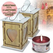 Two Wooden Decor Heart Lanterns Shabby Chic Decor LED Battery Inc Scented Candle