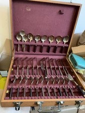 Vintage Canteen Rosewood Brass Cutlery Flatware  12 each knives & forks and box