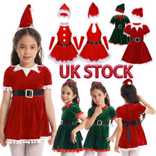 UK Kid Girl Christmas Elf Costume Velvet Tutu Dress+Hat Set Cosplay Party Outfit