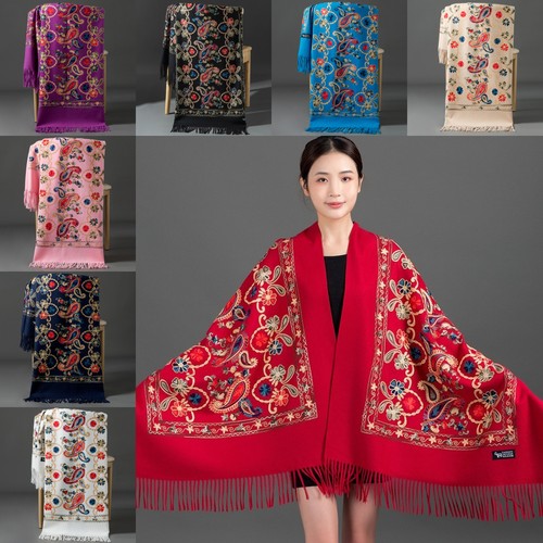 Embroidery paisley wool shawl - paisley,