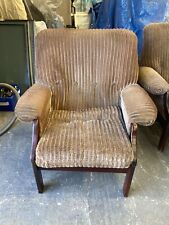 Vintage Retro Brown Wood Framed Armchair with Chunky Corduroy Fabric Seat & Back