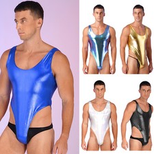 UK Men One-Piece Swimsuit Wetlook Leather Stretch Leotard Bodysuit Bathing Suit