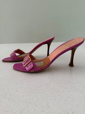 Boccaccini pink kitten heel mules, gold buckle and details and wood-effect heel