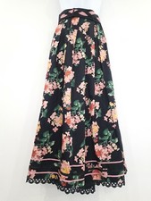 Vintage Skirt Size 12 Black Pink Floral Long Lace Pleats Cotton Tie Belt Pockets