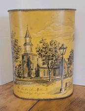 Vintage Cheinco USA Yellow Tin Trash Can WILLIAMSBURG Bruton Parish Church 13" 
