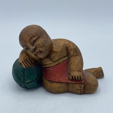 Vintage Wooden Hand Carved Chinese Sleeping Buddha Boy Figurine