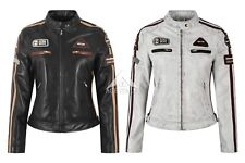 SIZMA Ladies Leather Jacket Classic Retro Motorcycle Racer Style Vintage Jacket