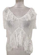 M&S Women's Ruffle Blouse Size 16 Soft White Sheer Floral Lace V-Neckline New F1