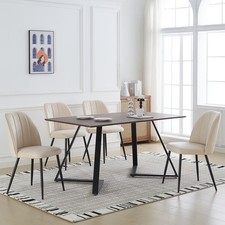 Brown Wooden Dining Table and Beige Velvet Chairs Set for Kitchen Home Furniture