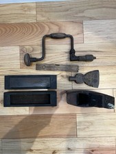 Vintage Carpentry Tools Job Lot. Plane, Hatchet, Brace Drill, Level & Oil Stone