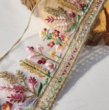 Cottage garden Floral Ribbon Trim, Gold Embroidered Indian Fabric Flower Border