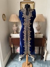 VTG Dress Moroccan Party Royal Blue Velvet Gold Trim Asian Party Kaftan 70s 80s