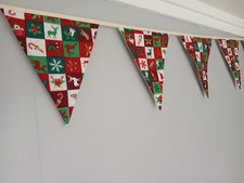 Christmas Fabric Bunting,  Traditional Colours With Design On Squares