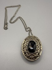 Vintage Avon Solid Perfume Necklace Locket Pendant Silver Tone Black with Chain