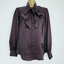 NEW Ex Wallis 8-22 Pussybow Satin Chocolate Brown Button Up Blouse Top Shirt