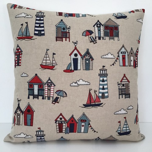 Beach hut linen look cushion - hut,