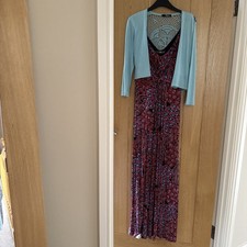 BHS RED PEACOCK PATTERN MAXI DRESS 14 MATCHING TURQUOISE BOLERO 14 JANE NORMAN