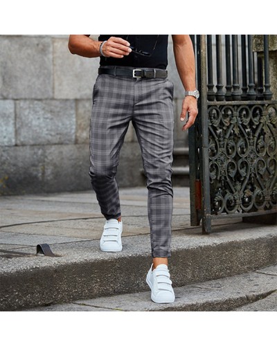 Plaid print pants men casual - plaid,
