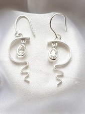 Sterling Silver Unusual Sparkling CZ Art Deco Style 36mm Drop Earrings, 2.21g 