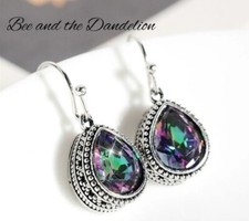 Silver Tone Rainbow Topaz Gemstone Dangle Earrings