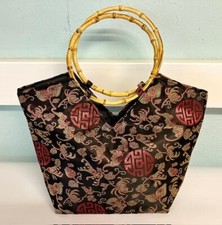 Chinese Black Brocade Hand Bag with Bamboo Handles