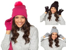 Ladies Bobble Hat and Touch Screen Gloves Set - Faux Fur Pom-Pom